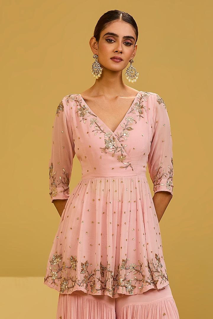 Baby Pink Georgette Nakshi Embroidered Wedding Sharara Set by Esha Koul at Pernia's Pop Up Shop