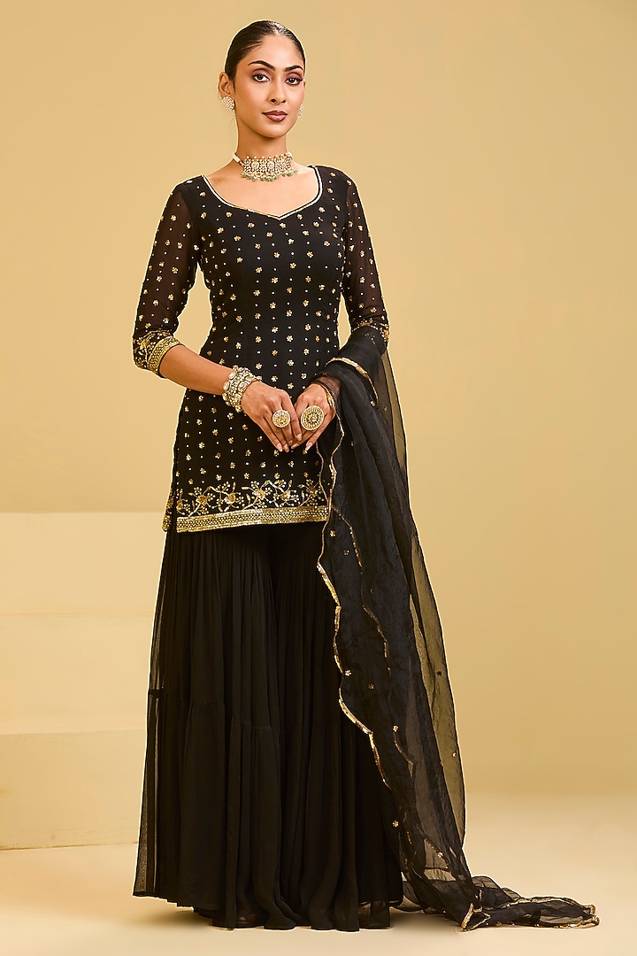 Black Georgette Sequin Embroidered Wedding Sharara Set by Esha Koul at Pernia's Pop Up Shop
