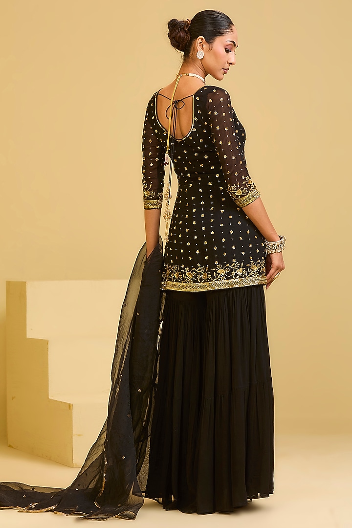 Black Georgette Sequin Embroidered Wedding Sharara Set by Esha Koul at Pernia's Pop Up Shop