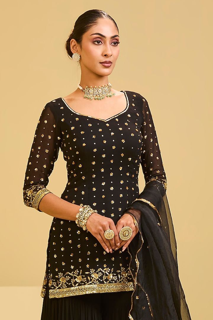 Black Georgette Sequin Embroidered Wedding Sharara Set by Esha Koul at Pernia's Pop Up Shop