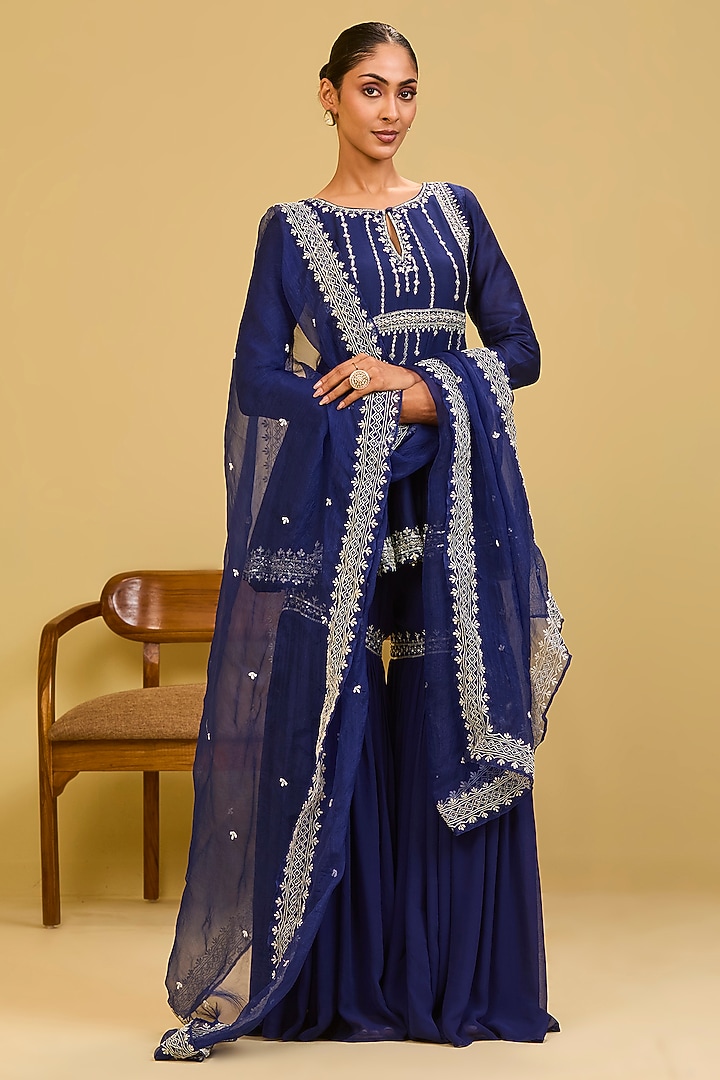 Blue Chanderi Sequin & Cutdana Embellishment Wedding Sharara Set by Esha Koul at Pernia's Pop Up Shop