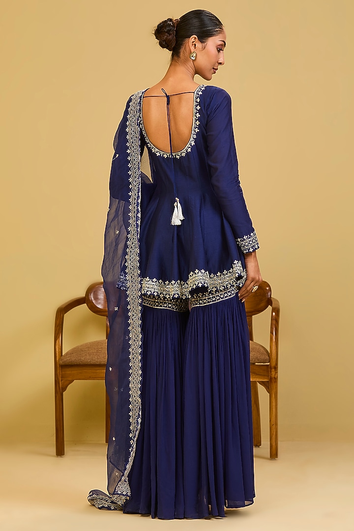 Blue Chanderi Sequin & Cutdana Embellishment Wedding Sharara Set by Esha Koul at Pernia's Pop Up Shop