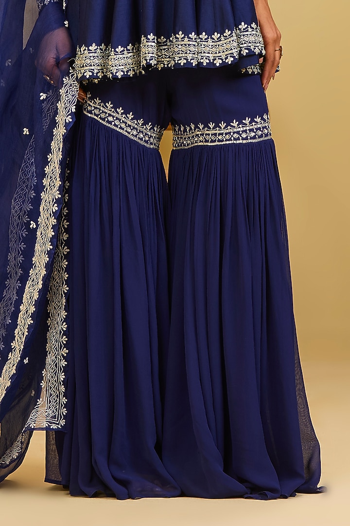 Blue Chanderi Sequin & Cutdana Embellishment Wedding Sharara Set by Esha Koul at Pernia's Pop Up Shop