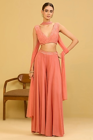Pink Georgette Sequin Embellished Palazzo Pant Set by Esha Koul
