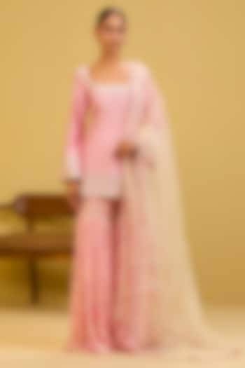 Pink Chanderi Mirror Embroidered & Printed Wedding Sharara Set by Esha Koul at Pernia's Pop Up Shop