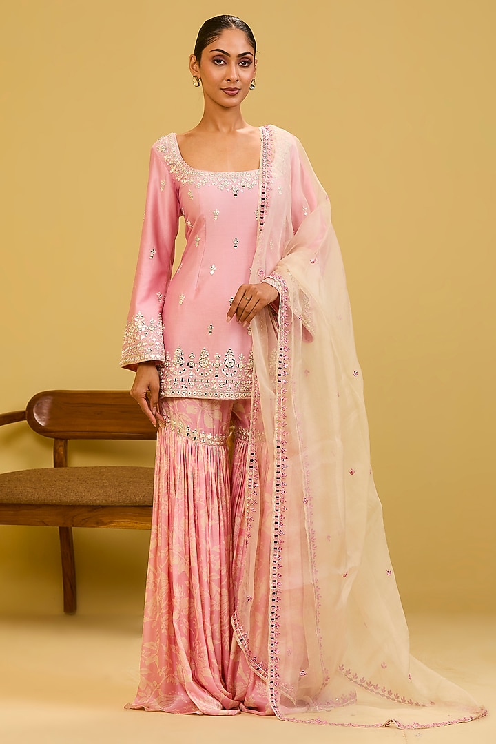 Pink Chanderi Mirror Embroidered & Printed Wedding Sharara Set by Esha Koul at Pernia's Pop Up Shop