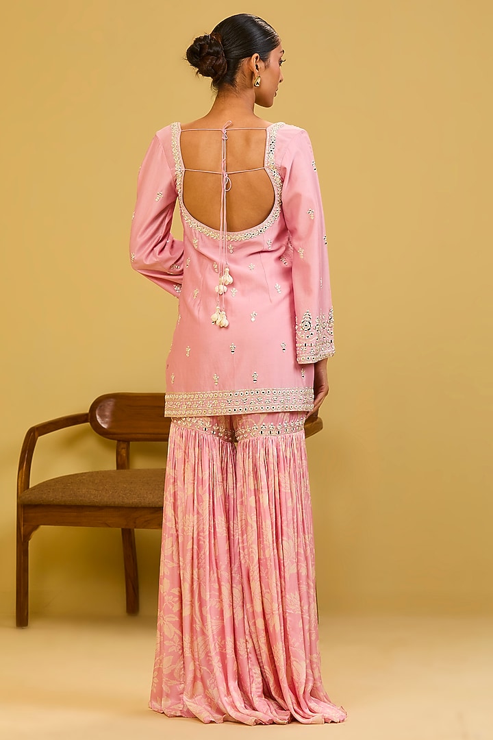 Pink Chanderi Mirror Embroidered & Printed Wedding Sharara Set by Esha Koul at Pernia's Pop Up Shop