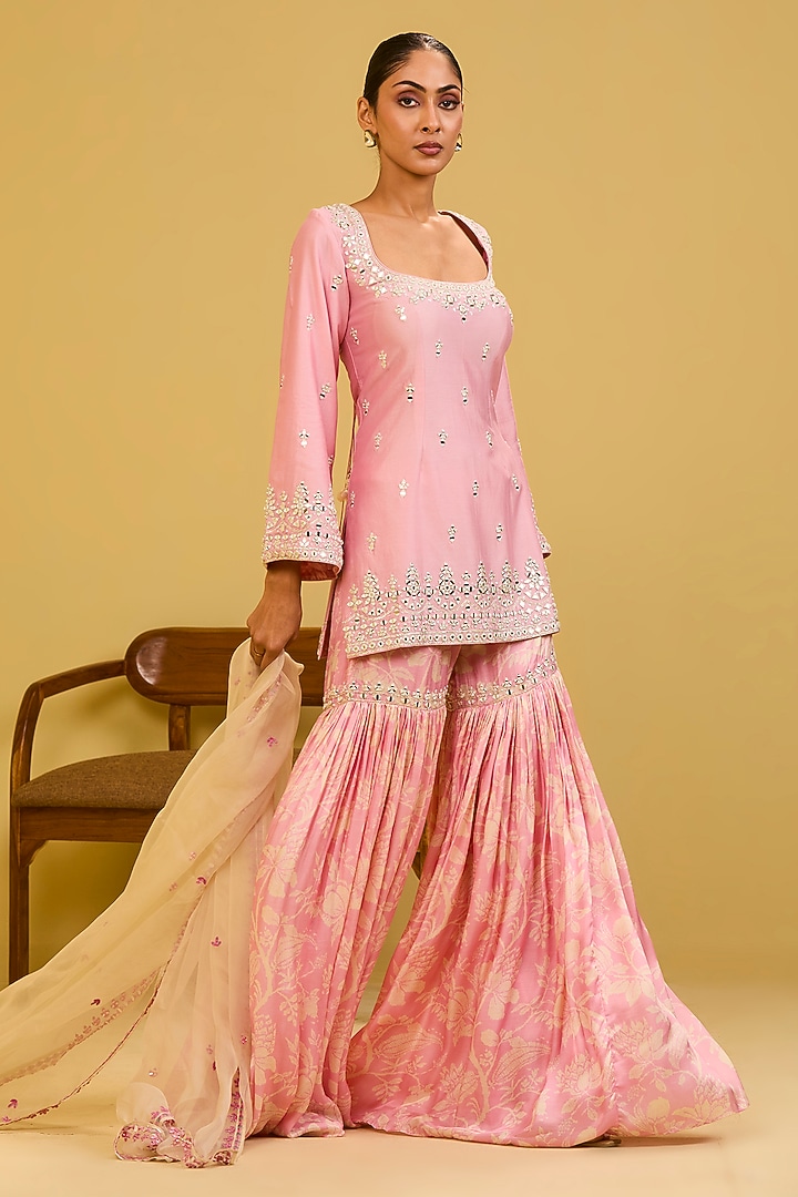 Pink Chanderi Mirror Embroidered & Printed Wedding Sharara Set by Esha Koul at Pernia's Pop Up Shop