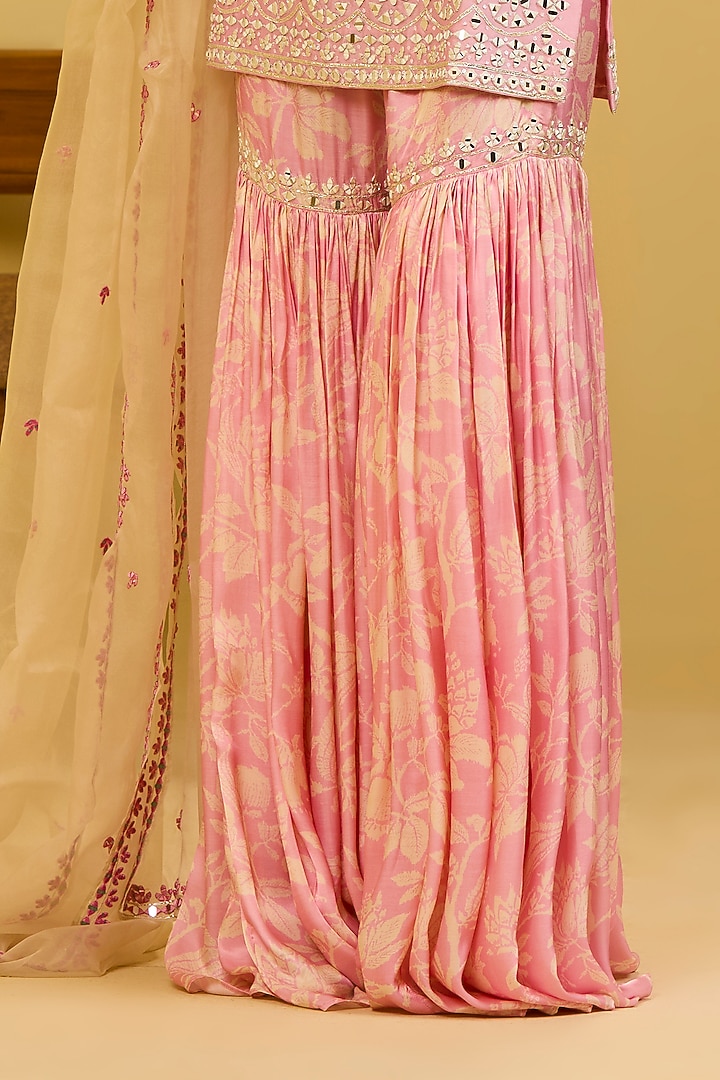 Pink Chanderi Mirror Embroidered & Printed Wedding Sharara Set by Esha Koul at Pernia's Pop Up Shop