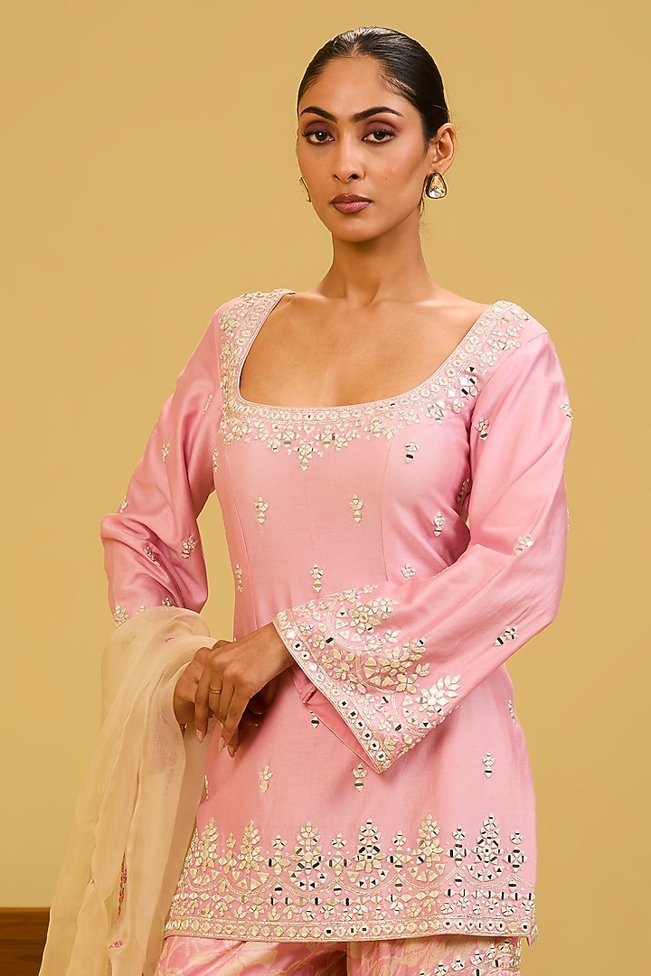 Pink Chanderi Mirror Embroidered & Printed Wedding Sharara Set by Esha Koul at Pernia's Pop Up Shop