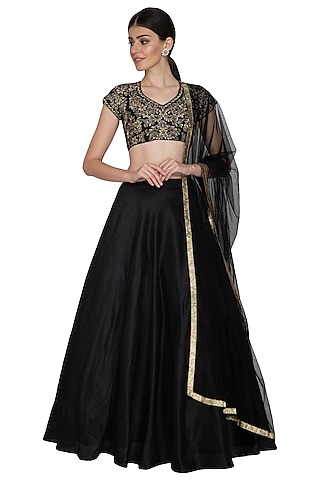 Black Embroidered Silk Lehenga Set by Esha Koul