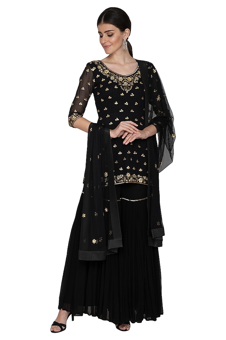 Black Embroidered Sharara Set by Esha Koul at Pernia's Pop Up Shop