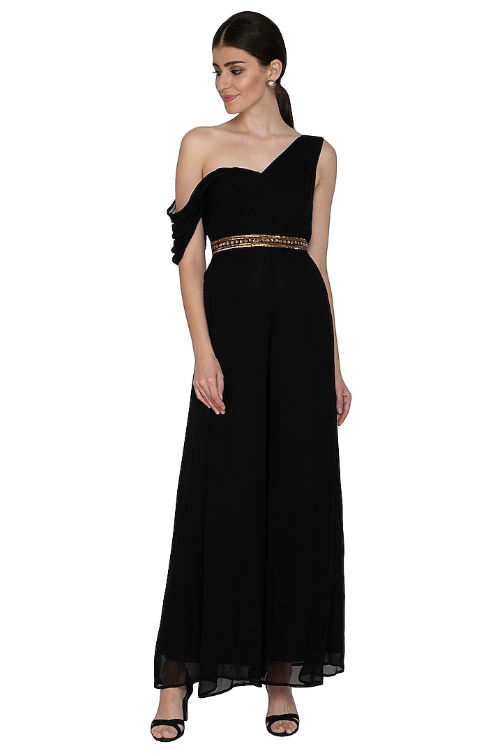 Black Embroidered Georgette Jumpsuit With Belt by Esha Koul at Pernia's Pop Up Shop