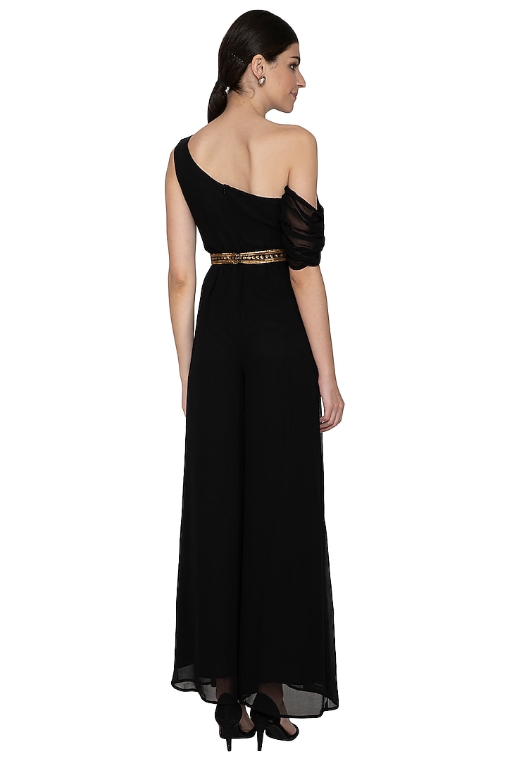 Black Embroidered Georgette Jumpsuit With Belt by Esha Koul at Pernia's Pop Up Shop