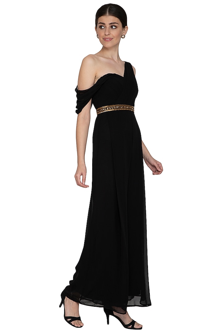 Black Embroidered Georgette Jumpsuit With Belt by Esha Koul at Pernia's Pop Up Shop