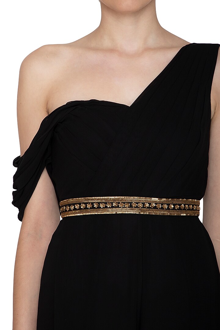 Black Embroidered Georgette Jumpsuit With Belt by Esha Koul at Pernia's Pop Up Shop