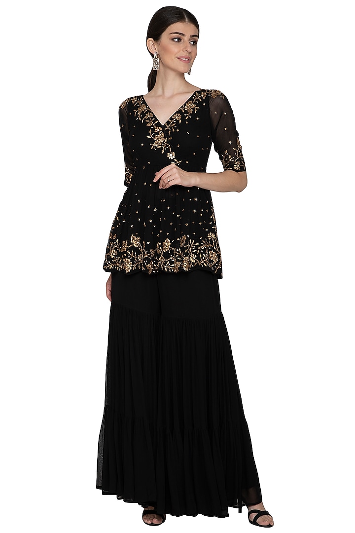 Black Embellished Top With Sharara Pants by Esha Koul