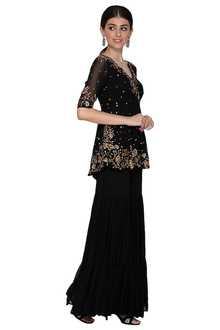 Black Embellished Top With Wedding Sharara Pants by Esha Koul at Pernia's Pop Up Shop