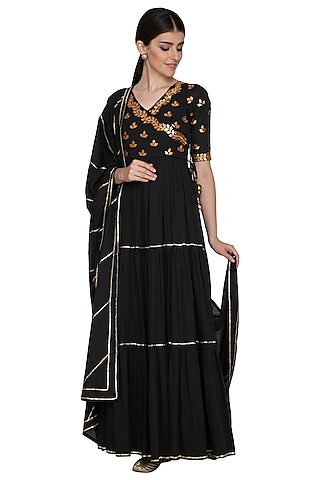 Black Embellished Anarkali With Dupatta by Esha Koul