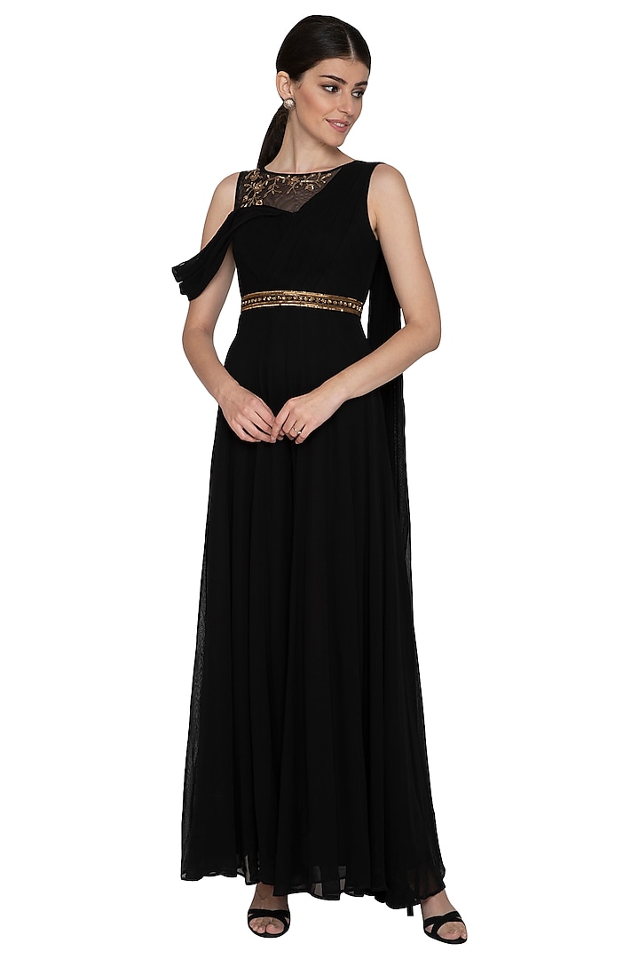 Black Embellished Jumpsuit With Belt by Esha Koul