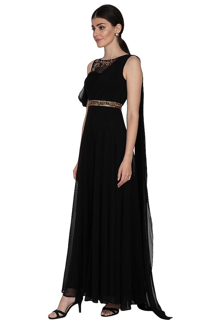 Black Embellished Jumpsuit With Belt by Esha Koul at Pernia's Pop Up Shop