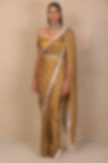 Mustard Printed Pre-Draped Saree Set by Esha Koul