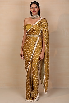 Mustard Modal Satin Floral Printed Pre-Draped Saree Set by Esha Koul-RAKSHA BANDHAN EDIT