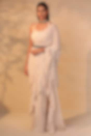 Off-White Printed Ruffled Pre-Draped Saree Set by Esha Koul