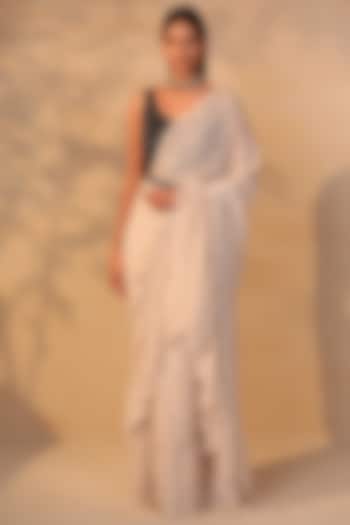 Off-White Embroidered Ruffled Pre-Draped Saree Set by Esha Koul