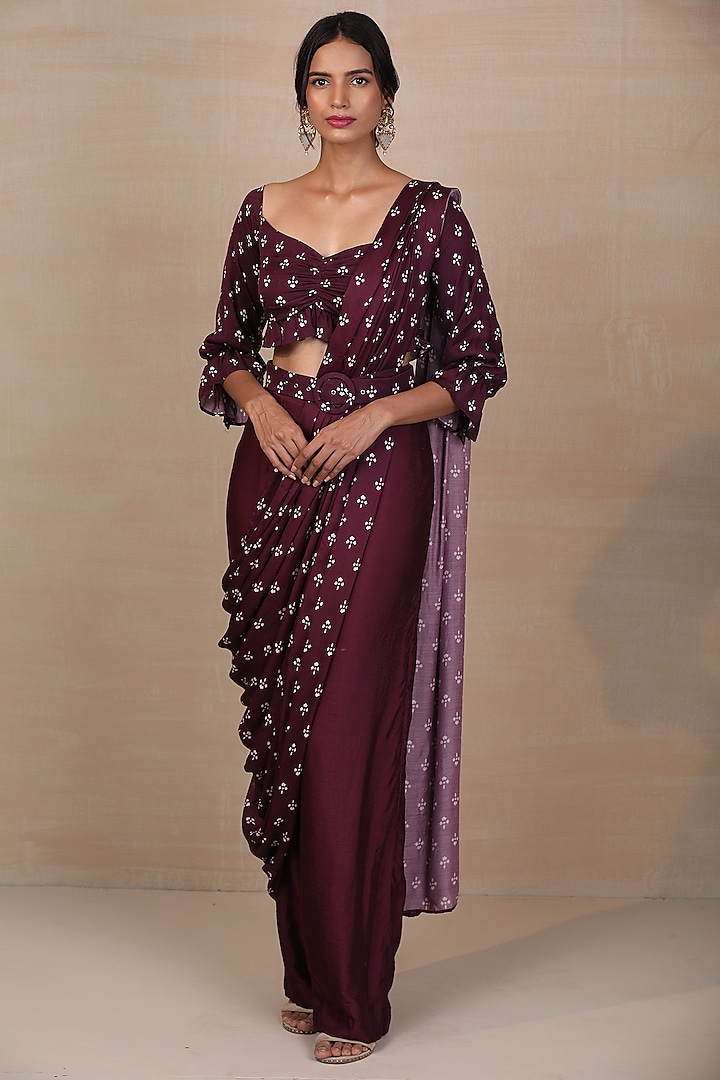 Purple Printed Saree Set by Esha Koul
