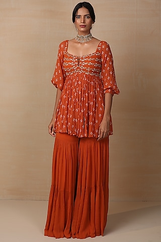 Rust Modal Satin & Georgette Sharara Set by Esha Koul