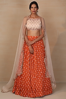 Rust Modal Satin Floral Printed Lehenga Set by Esha Koul-PRINT ON PRINT