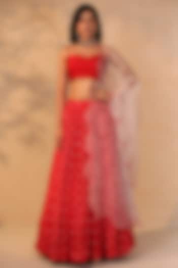 Red Floral Printed Skirt Set by Esha Koul