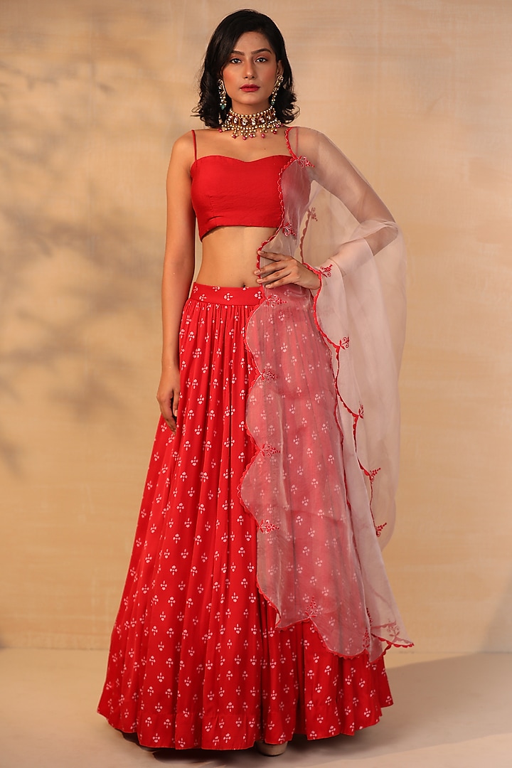 Red Modal Satin Floral Printed Lehenga Set by Esha Koul