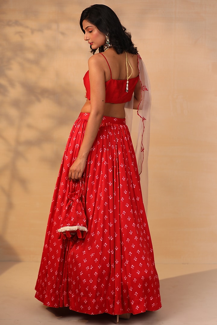 Red Modal Satin Floral Printed Wedding Lehenga Set by Esha Koul at Pernia's Pop Up Shop