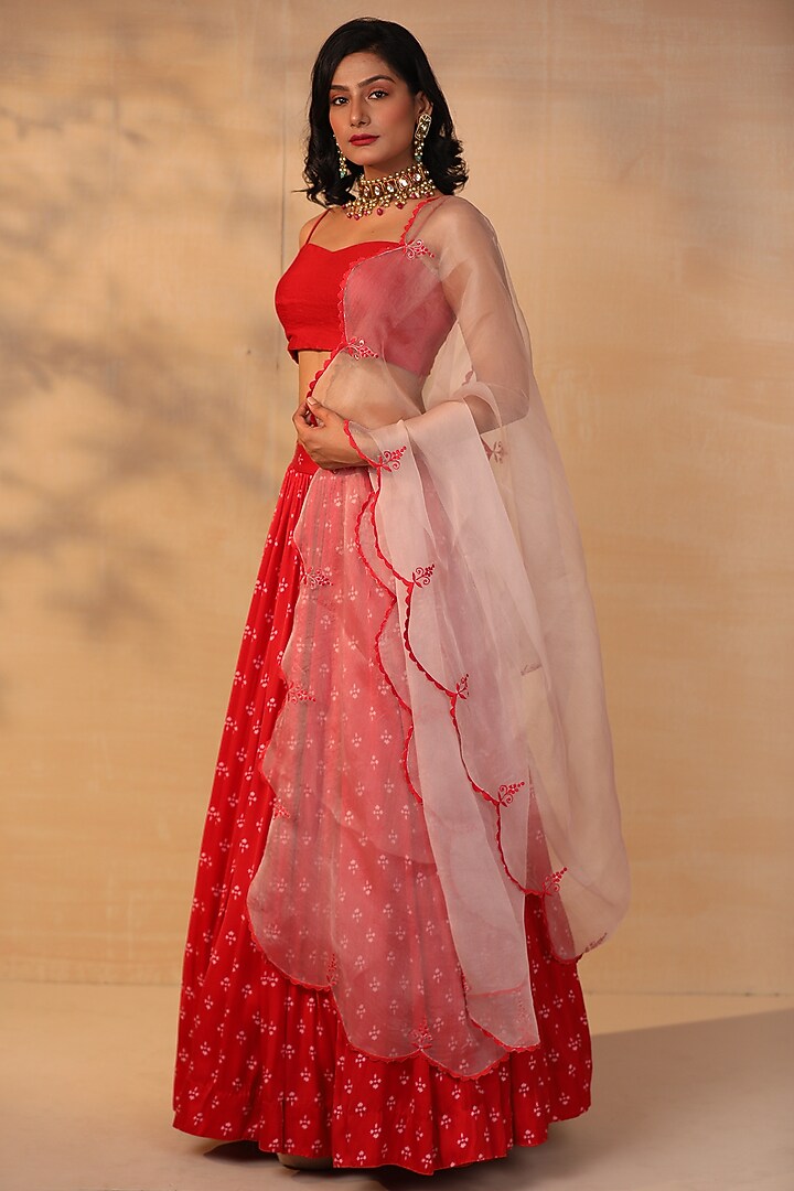 Red Modal Satin Floral Printed Wedding Lehenga Set by Esha Koul at Pernia's Pop Up Shop