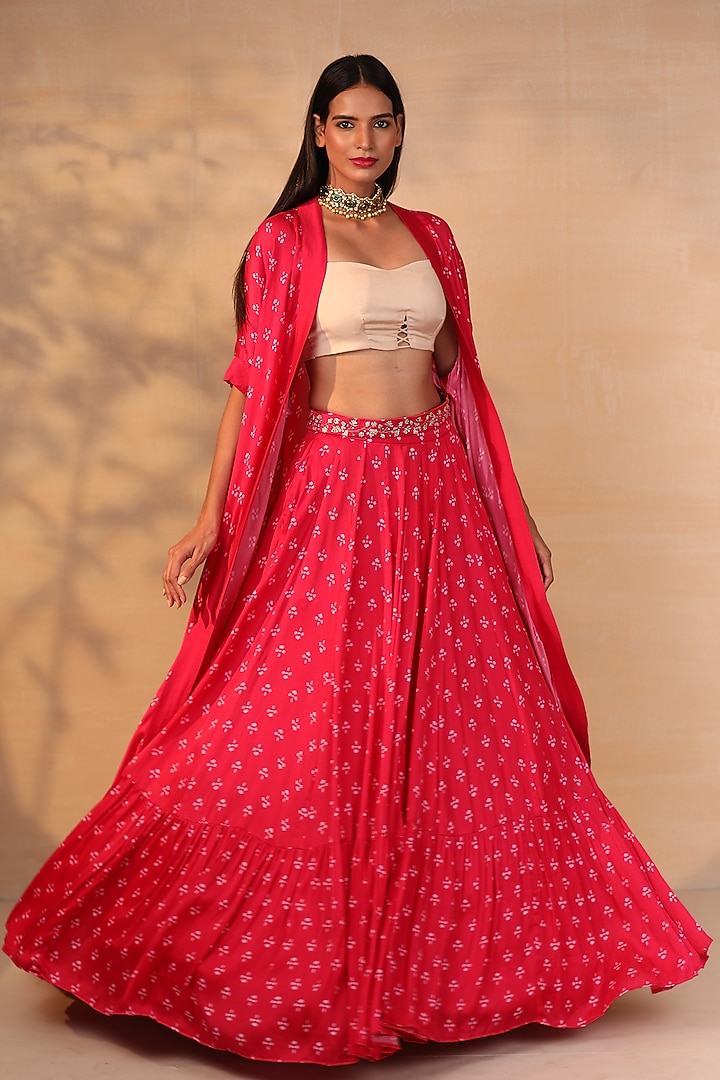 Hot Pink Modal Satin Floral Printed Skirt Set by Esha Koul at Pernia's Pop Up Shop