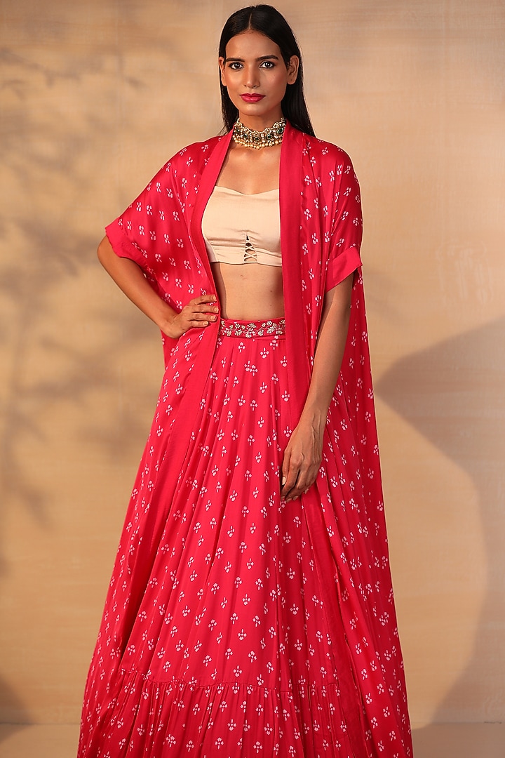 Hot Pink Modal Satin Floral Printed Skirt Set by Esha Koul at Pernia's Pop Up Shop