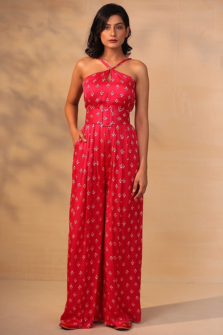 Hot Pink Printed Jumpsuit With Belt by Esha Koul