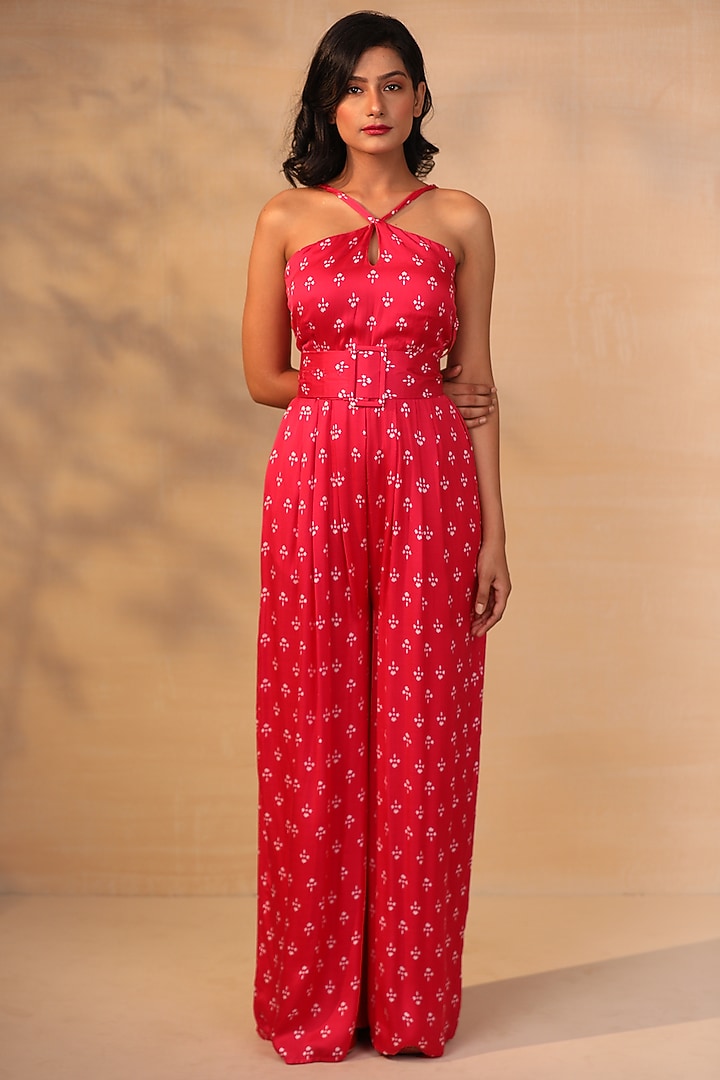 Hot Pink Printed Jumpsuit With Belt by Esha Koul at Pernia's Pop Up Shop