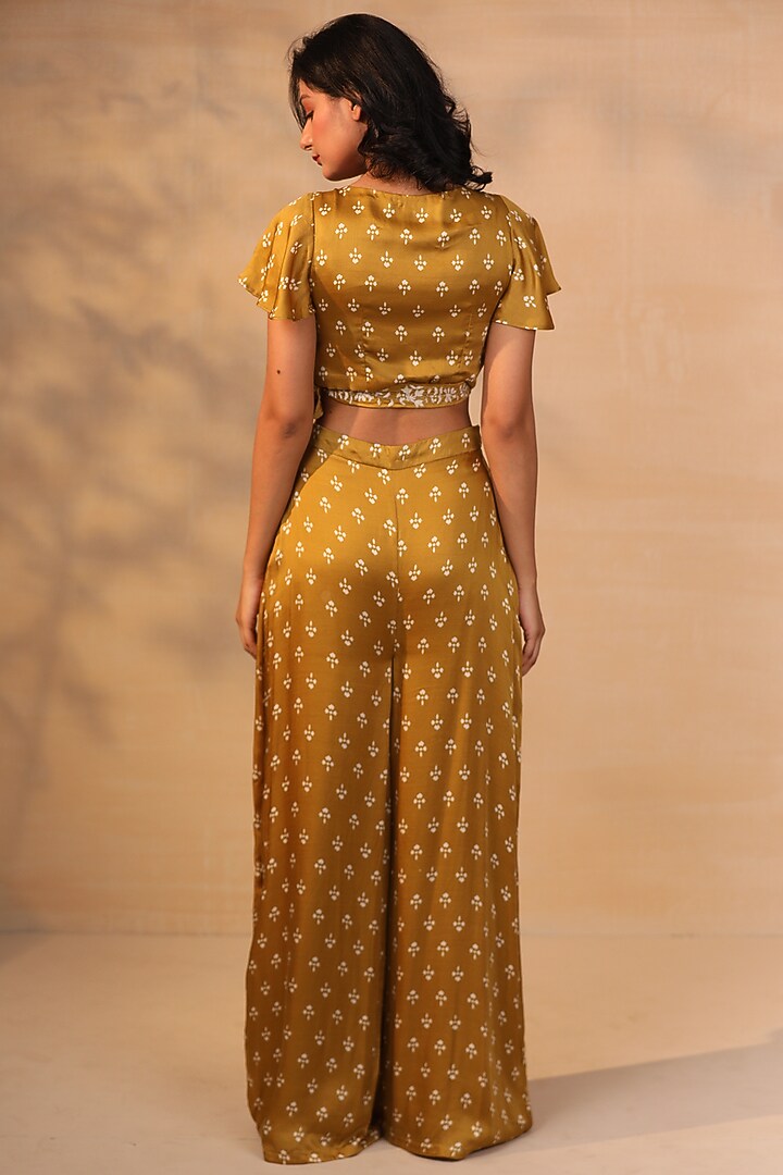Mustard Modal Satin Floral Printed Pant Set by Esha Koul at Pernia's Pop Up Shop