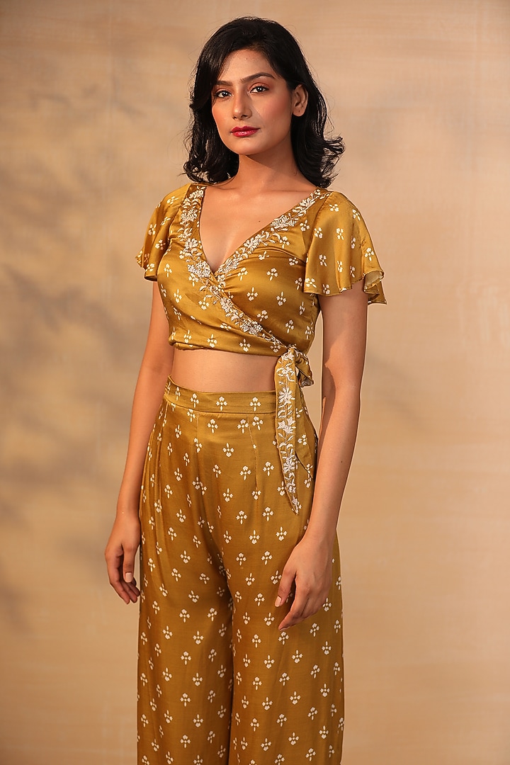 Mustard Modal Satin Floral Printed Pant Set by Esha Koul at Pernia's Pop Up Shop