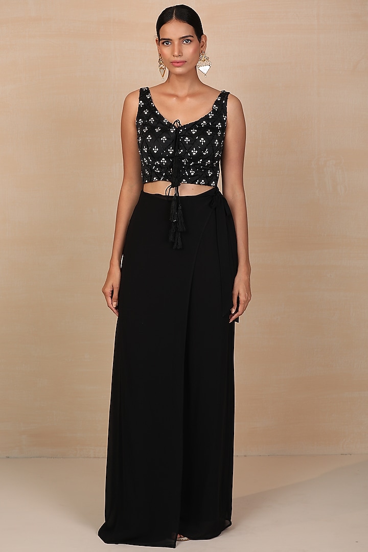 Black Embroidered Top With Pants by Esha Koul