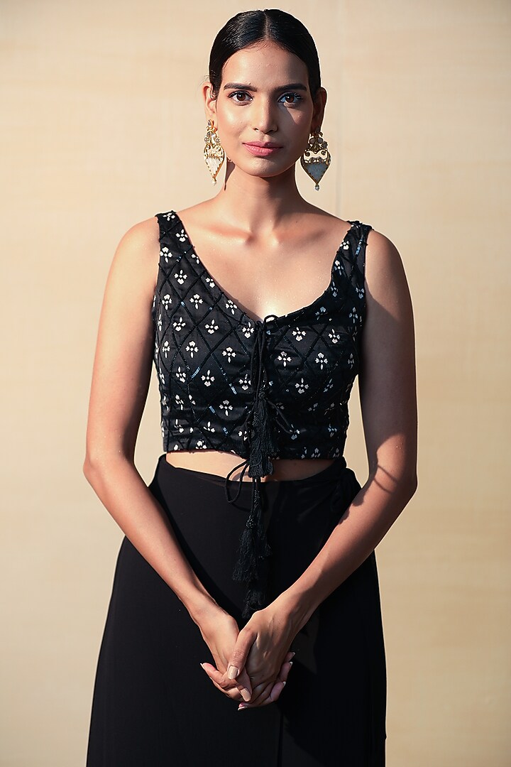 Black Embroidered Top With Pants by Esha Koul at Pernia's Pop Up Shop