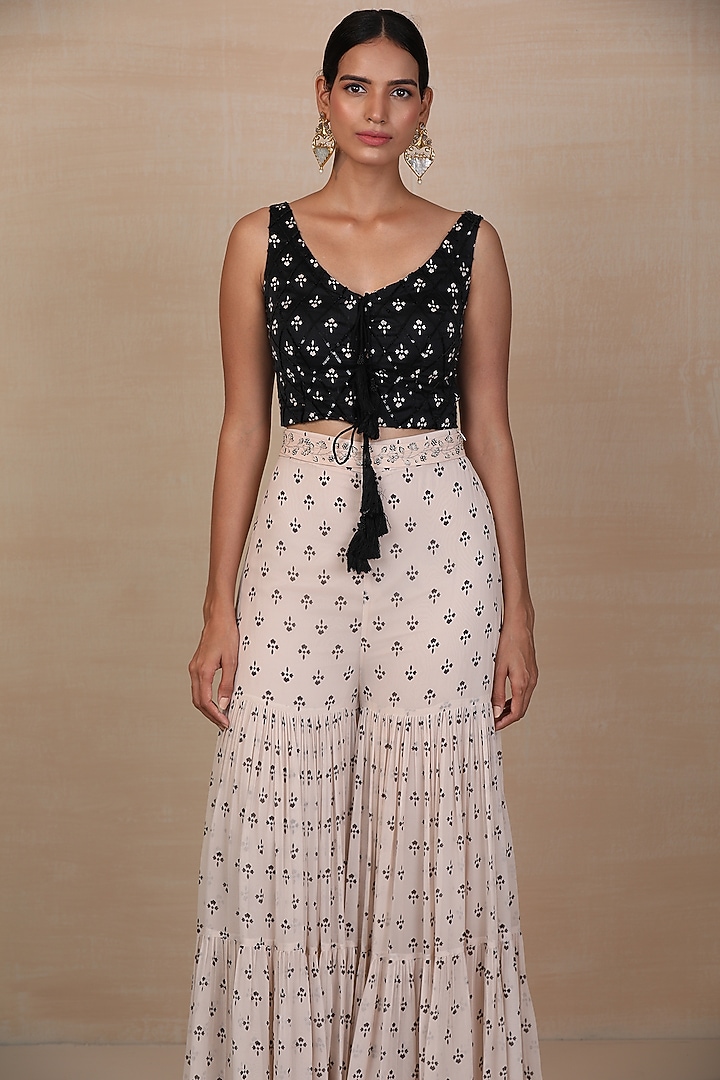 Black & Off White Printed Party Wear Sharara Set by Esha Koul at Pernia's Pop Up Shop