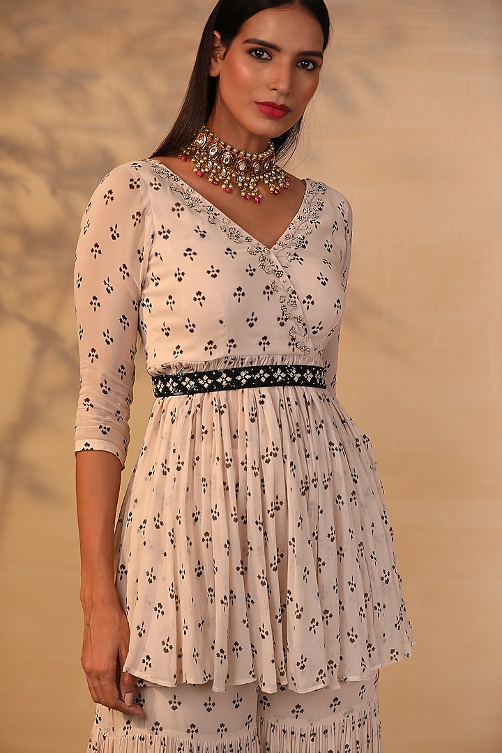 Off White Printed & Embroidered Gharara Set by Esha Koul at Pernia's Pop Up Shop