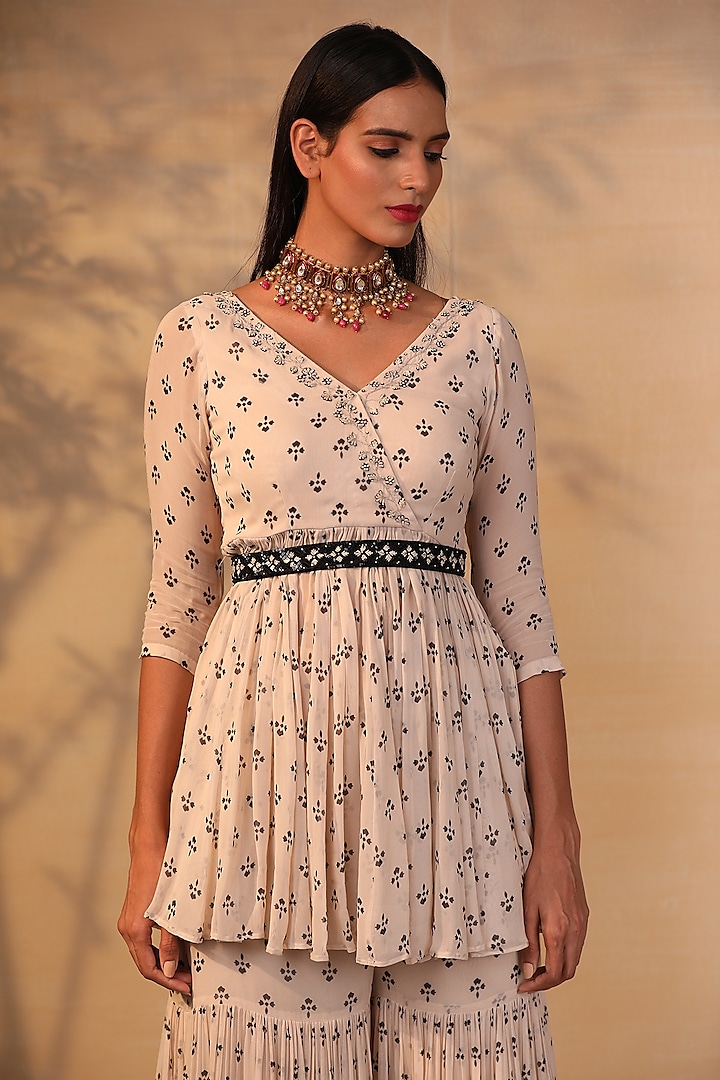 Off White Printed & Embroidered Gharara Set by Esha Koul at Pernia's Pop Up Shop