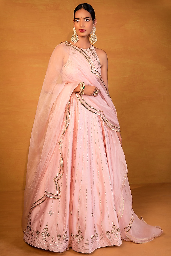 Light Pink Embellished Anarkali Set by Esha Koul