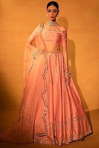 Salmon Pink Chanderi Gota Embellished Lehenga Set by Esha Koul