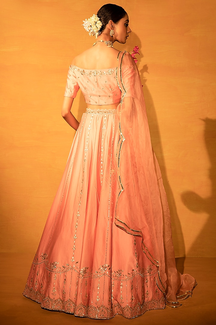 Salmon Pink Chanderi Gota Embellished Wedding Lehenga Set by Esha Koul at Pernia's Pop Up Shop
